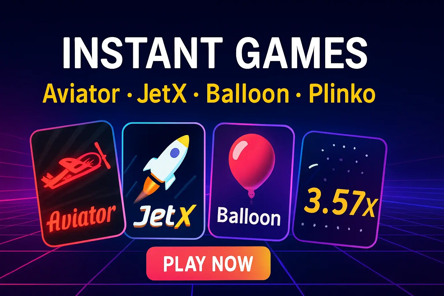 Vibrant instant casino games banner with Aviator, JetX, Balloon, Plinko icons