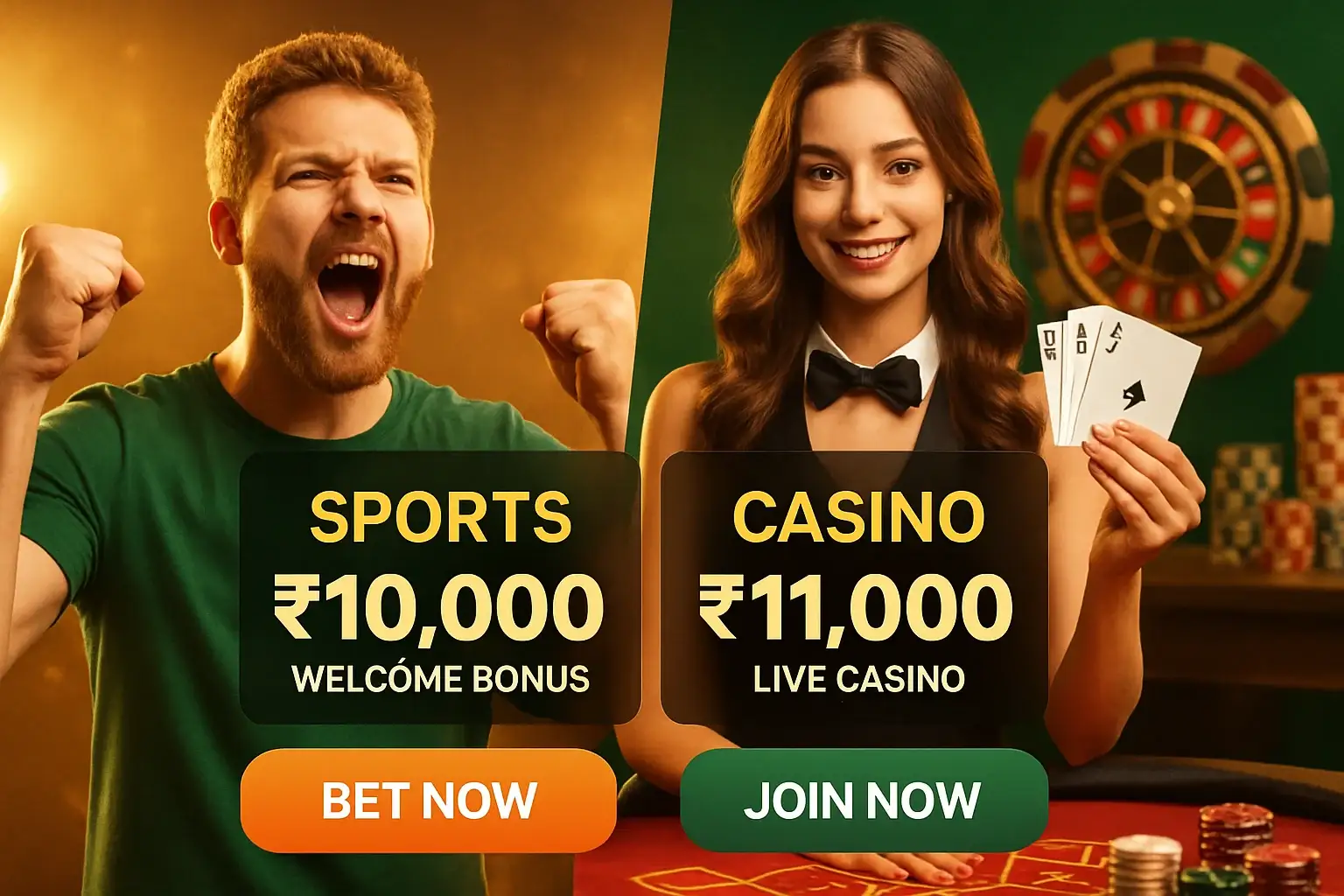 Casino and sports promo banner with fan, dealer, Bangladeshi currency offers