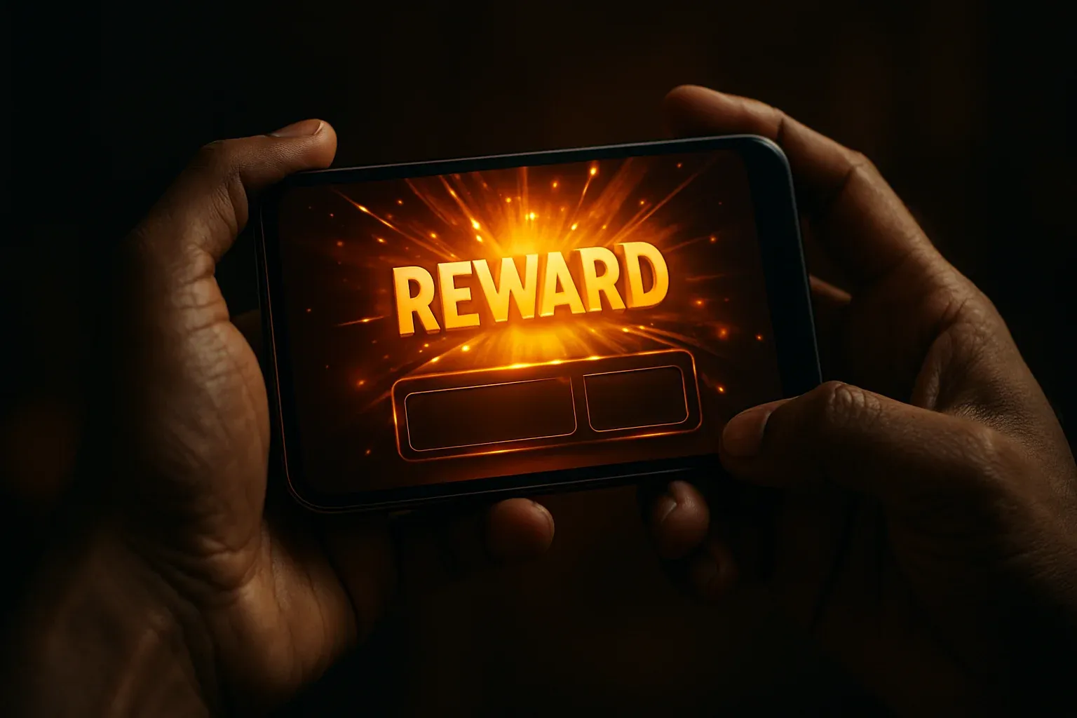 Bangladeshi man hands holding smartphone showing glowing golden reward animation