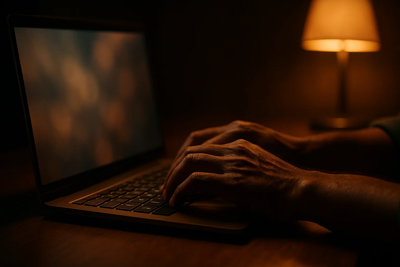 Cinematic close-up of Bangladeshi hands typing on laptop keyboard