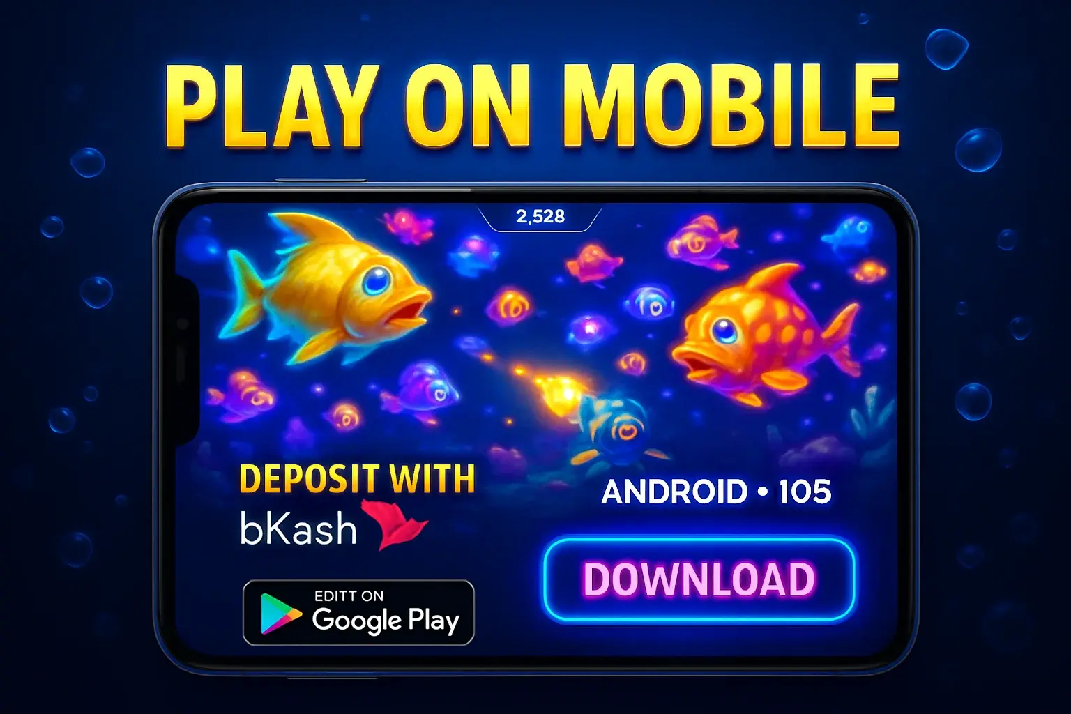 Fishing mobile game banner with smartphone mockup, glowing fish, CTA button