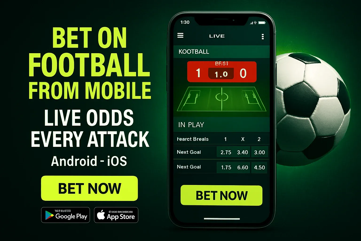 Soccer mobile betting banner with smartphone mockup and live in-play odds