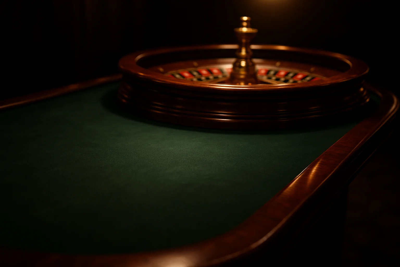 Ultra-realistic casino table with roulette wheel in soft focus and green felt