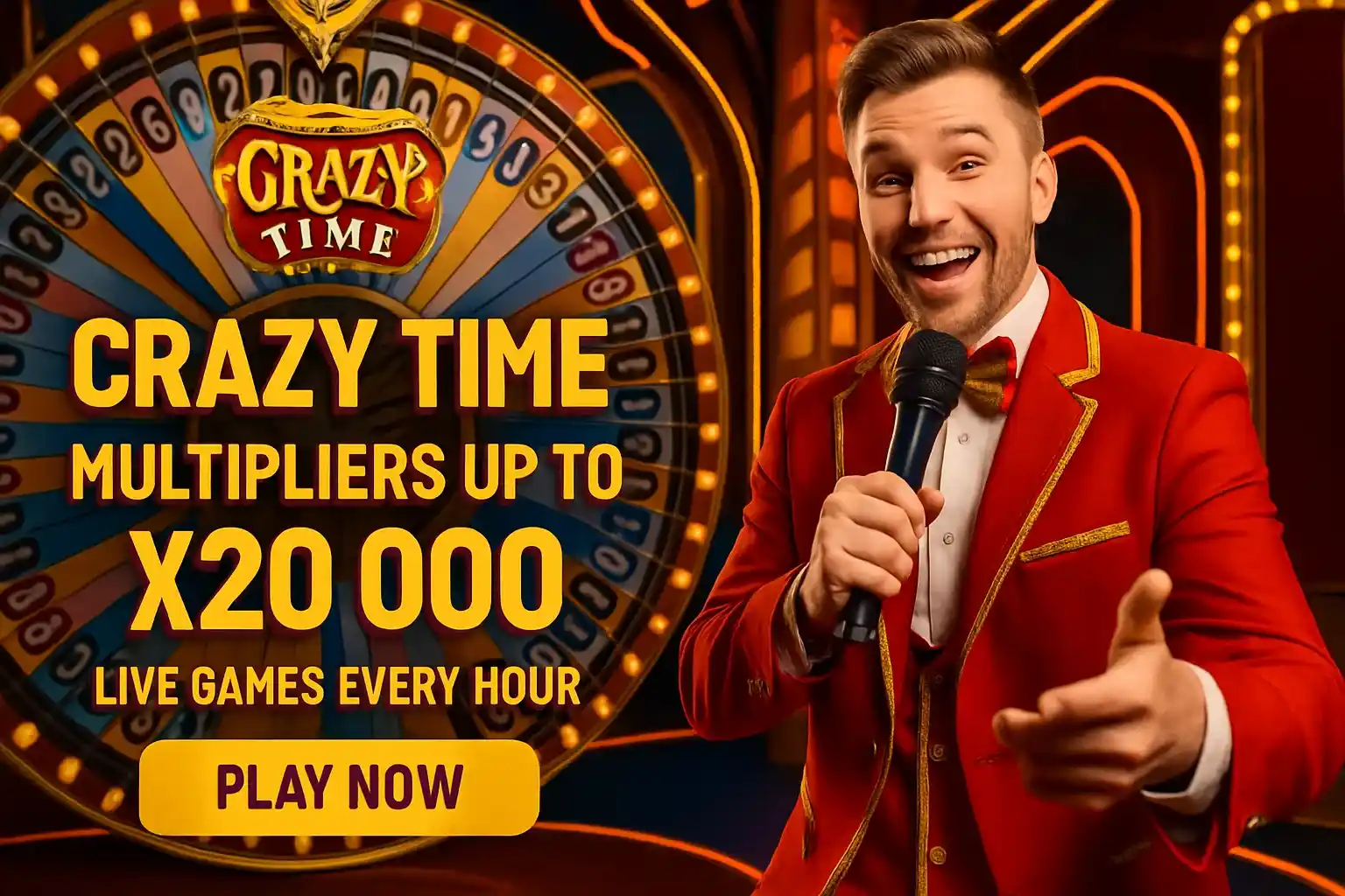Colorful Crazy Time live casino banner with host, wheel, and CTA