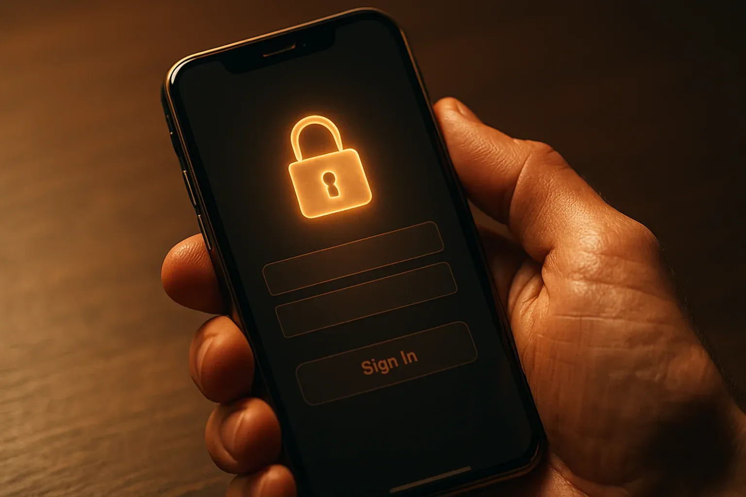Macro photo of hand holding smartphone showing secure login padlock interface