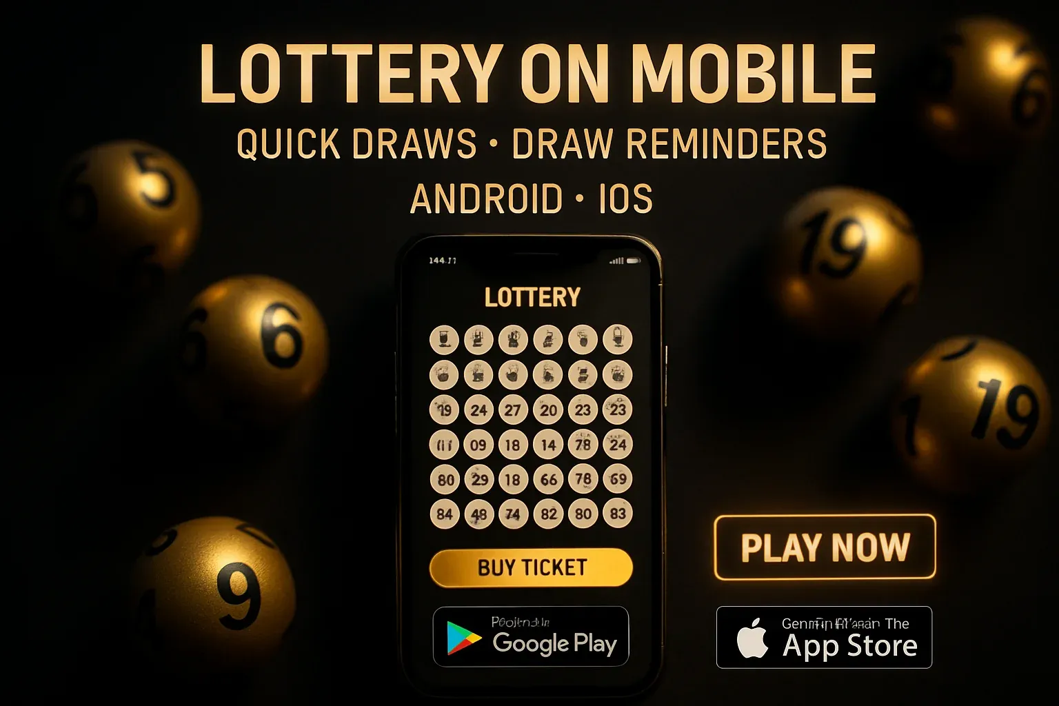 Lottery mobile game banner with smartphone mockup, number grid, golden balls