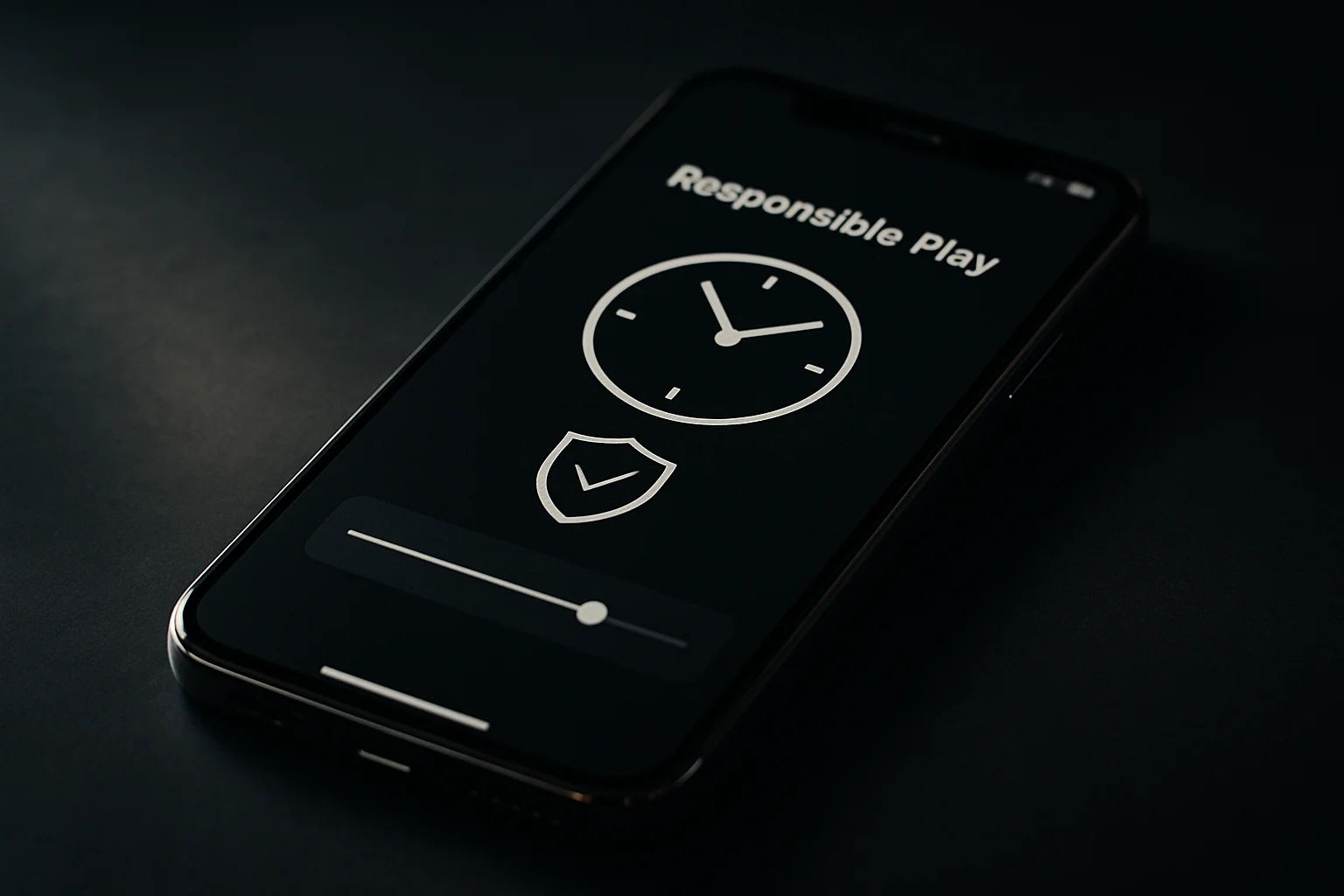 Ultra-realistic smartphone showing responsible play icons on dark premium surface