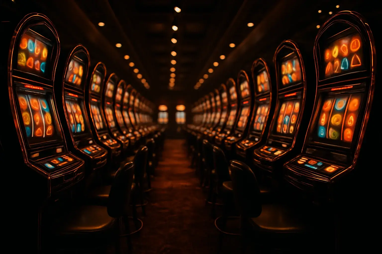 Cinematic wide shot of opulent slot machine hall with glowing cabinets