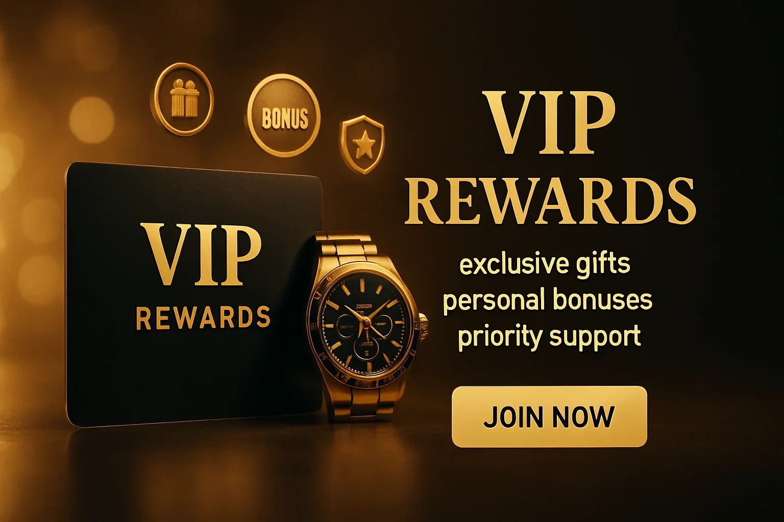 Casino VIP rewards banner with gold background, VIP card, luxury watch